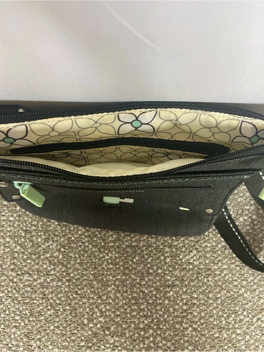 Sherpani Black Crossbody with Mint Trim.Pre-Owned Little small stain,Like New.